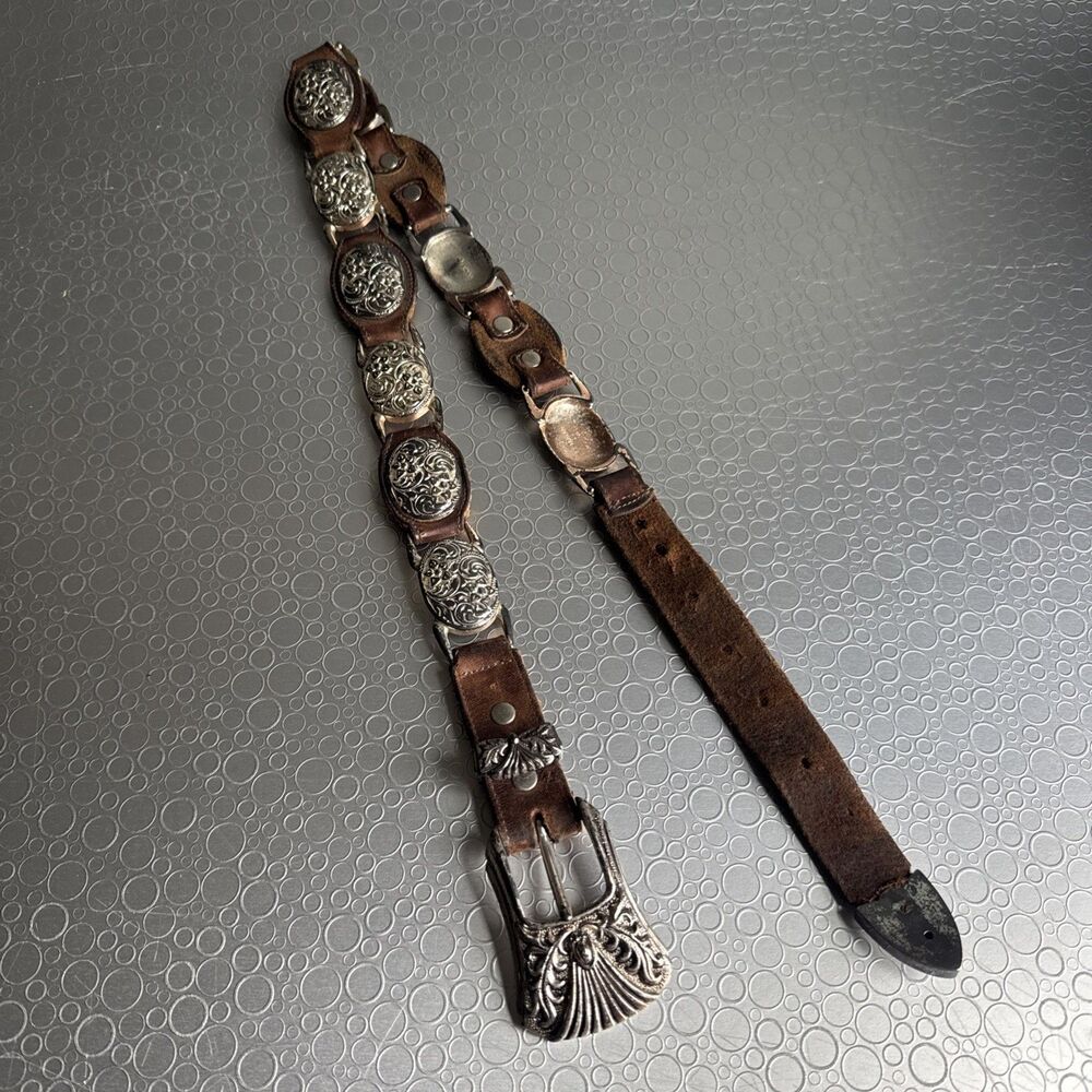 Vintage Western Scroll Link Concho Belt Brown Leather - Size 26 / 28 Extra Holes